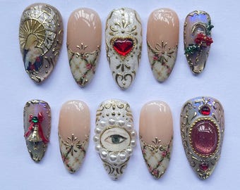 Handmade 3D Vintage Press On Nails, Baroque Art Nail Design with Pearls, Red Gems & Gold Details, Angel Nails, Elegant Gothic Gift for Her.