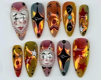 Handmade Clown Almond Nail Set, Bold Gothic Press On Nails, Halloween Nails, Harlequin Nails, Clown Nails, Fantasy Nails, Whimsical Nails.