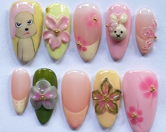 桜の花とピンクのチェック柄があしらわれた3D柴犬のつけ爪 - Etsy 日本