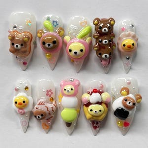Kawaii Bear Press On Nails, 3D Rilakkuma Nail Art, Handmade Cute Cartoon Nails, Japanese Style Fake Nails, Anime Stiletto Nails Gift for Her