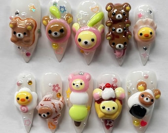 Presse ours kawaii, nail art Rilakkuma 3D, ongles de dessin animé mignon fait main, faux ongles de style japonais, ongles stiletto anime cadeau pour elle