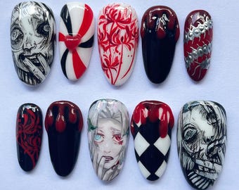 Hand Painted Horror Anime Nails, Gothic Press On Nails, Creepy Manga Art Nails, Halloween Fake Nails, Dark Red Black Nail Set, Gift for fans
