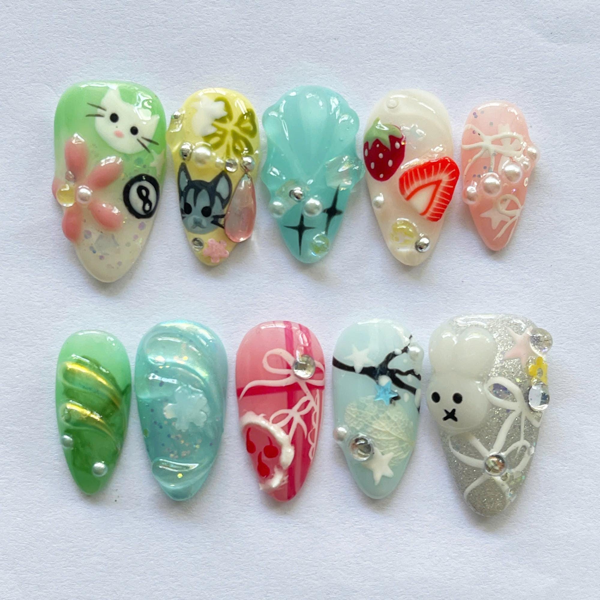 3D Bunny, Cat Press On Nails, Almond Nails Set with Strawberry & Floral, Whimsical Pastel Nail Art, Kawaii Nails, Cartoon Nails, Trendy Nail