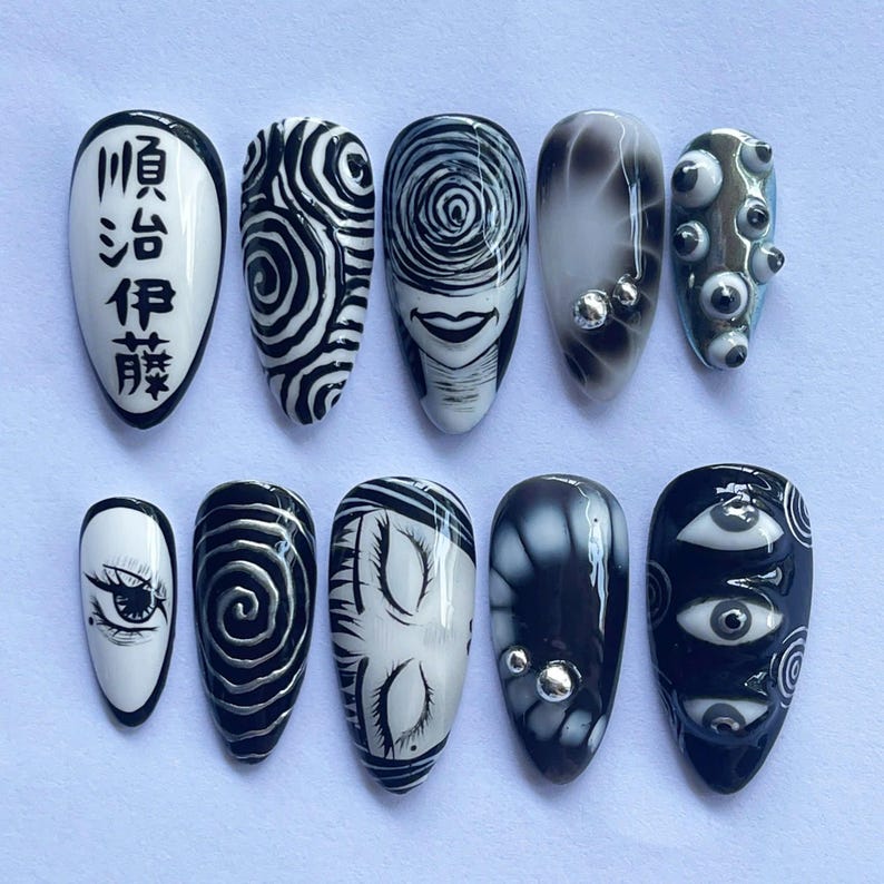 Halloween Press On, Horror Nail Art, Uzumaki Nails, Creepy Fake Nails, Scary Nail Design, Black White Nails, Gothic Press On, Handmade Nails, Anime Nail Art, Spooky Nail Set, Dark Anime Nails, Weird Nail Design, Horror Theme Nails, Cosplay Nails, Clown Nail Set, Holiday Nails, Party Nails