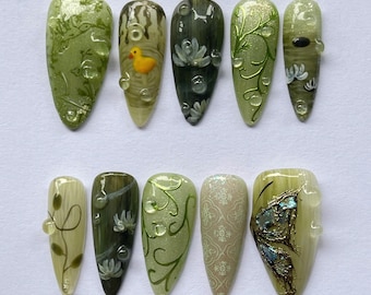 Hand Painted Green Water Lily Press On Nails, Tea Party Nails, Nature Fake Nails, Spring Floral Nails, Long Almond Nails, Reusable Nail Set