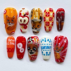 Uñas postizas fantásticas de Mr Fox, uñas inspiradas en la naturaleza, uñas coloridas, uñas de dibujos animados únicas, set de uñas caprichoso, uñas para fiestas.