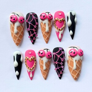 Sweet Goth Ice Cream Press On Nails Long Stiletto Pink Black Halloween Nail Set