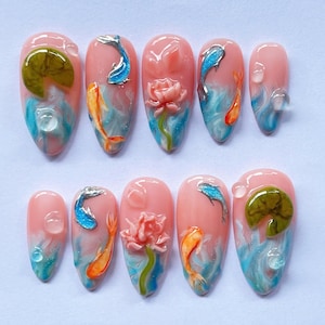 Hand Painted Koi Fish Press On Nails, Almond Nails With 3D Lotus Flower Nail Art, Japanese Water Garden Design, Summer Nails, Tea Party Nail
