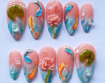 Hand Painted Koi Fish Press On Nails, Almond Nails With 3D Lotus Flower Nail Art, Japanese Water Garden Design, Summer Nails, Tea Party Nail