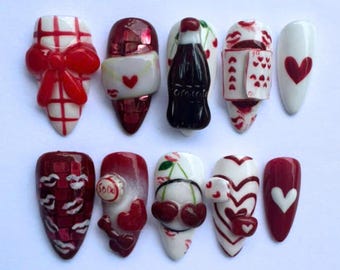 Unique Almond Nail Set with Love Letter, Cherry, Heart, Bow, Romantic Valentine Nails, Colorful Nails, Trendy Nails, 3D Gel Nail Art, Gifts