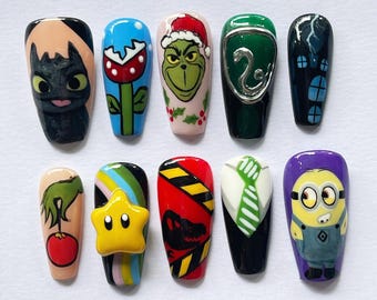 Cartoon Press On Nails, Christmas nails, Custom Character Nail Art, 3D Star, Fun Designs, Colorful Nail Set, Reusable Gift for Kids & Adults