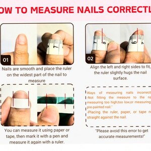 May include: Image showing instructions on how to measure nails correctly. The steps include using a ruler or tape to measure the widest part of the nail. The text also warns against common measurement errors.