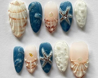 Uñas postizas con temática oceánica, diseño 3D hecho a mano con conchas y estrellas de mar, uñas de gel playeras de verano, estilo sirena costera, uñas navideñas, regalo para ella
