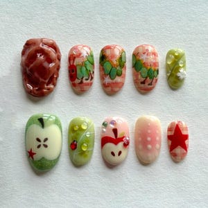 Fruit Party Press On Nails with Colorful Nails adorned with Apple, Star, Cute Nails, Summer Nails, Fruit Nail Set, Perfect Gift for Love.