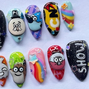 cartoon press on, 3d nail art, handmade nails, anime nail design, colorful false nails, cute cosplay nails, fun nail art, kawaii press on, cartoon nail gift, unique nail art, playful nails, animation nails, handmade gift