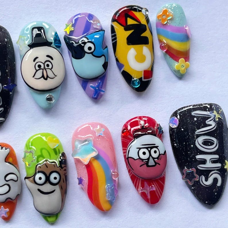 cartoon press on, 3d nail art, handmade nails, anime nail design, colorful false nails, cute cosplay nails, fun nail art, kawaii press on, cartoon nail gift, unique nail art, playful nails, animation nails, handmade gift