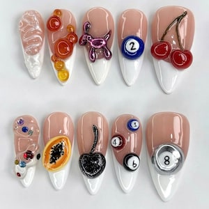 Unique Almond Nail Set with Billiard Balls and Fruits, French Tips Nail Art, Cherry Nails, Hand-painted Nails, Cute Nail Design, Casino Nail