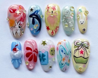 Trendy Smiski Press On Nails, Almond Nail Set with Miffy, Fish, Smiski, Cute Nails, Funny Nails, Fox Design Nails, Kawaii Nail, Fantasy Nail