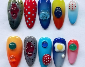 Y2K Quirky Press On Nails, Handmade Colorful 3D Statement Gel Nail, Funky Pop Art Abstract Design,  Reusable Nail, Kawaii Nail, Gift for Her