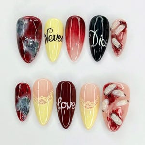 Handmade Gothic Love Press On Nails, Red Black Nail Art with Words & Capsules, Unique Custom Long Fake Acrylic Nail Set, Valentine Nails.