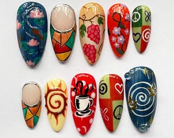 Hand Painted Press On Nails Set, Artistic Boho Nail Art, Hippie Retro Nails, Unique Gift for Women, Colorful Nail Design, Reusable Nails.