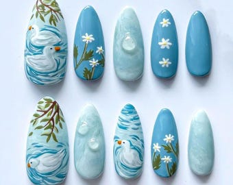 Serene, Nature Inspired Press On Nails, Long Almond Nail Set with Graceful Swans, Dainty Daisies, Blue Nails, Spring Nails, Holiday Nails.