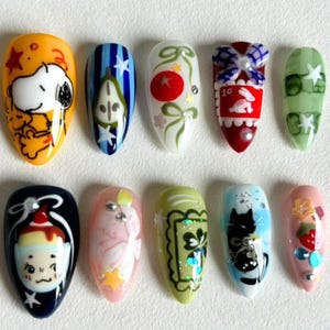 Whimsical Hand-painted Press On Nails, Almond Nails With Cute Characters, Dog, Cats, Anime Nails, Kawaii Nails, Cartoon Nails, Fantasy Nails