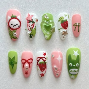 Cute Ghibli Press On Nails, My Neighbor Totoro Nail Art Set, Hand-painted Totoro Nails, Trendy Japanese Cartoon Nails, Anime Nail Designs.