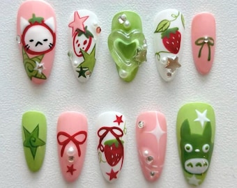 Süße Ghibli Presse auf Nägel, Mein Nachbar Totoro Nagelkunstset, handbemalte Totoro Nägel, Trendige Japanische Cartoon Nägel, Anime Nageldesign.