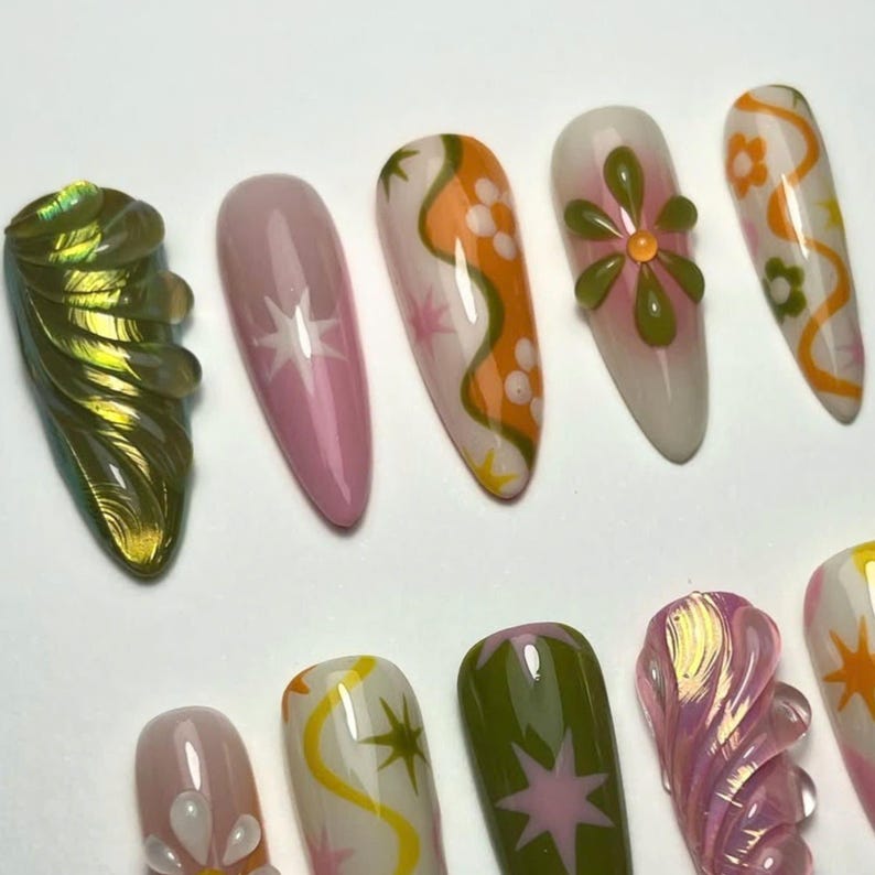 free style nails, butterfly nails, fairycore nails, fairy tail, dreamy nails, wedding nails, long almond nail, press on nails, acrylic press on, 3d gel nail, holiday nails, flower nails, spring nails