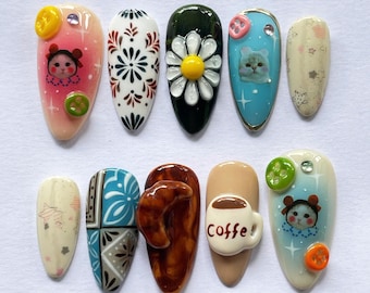 Leuke koffiepers op nagels, ontwerpen croissants en kopjes, madeliefjebloem 3D-nagels, handgemaakte kawaii-nailartset, uniek aangepast cadeau voor nagelliefhebbers