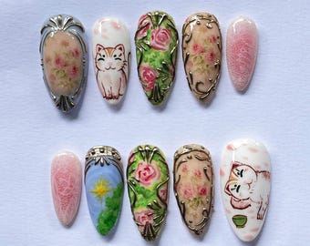 Einzigartige Katze und Rose Drücken Sie auf die Nägel, Süße Kitty Nägel, Vintage Blumennagelkunst, Rosa Nagel, Frühlingsnagelset, Cartoon Nagel, Kawaii Geschenk für Sie