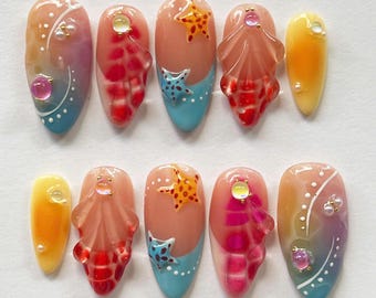 Summer Ocean Almond Nail Set, Hand-painted Starfish, Seashells & Gradient Design Press On Nails, Cute and Vibrant Gel Nails for Beach Lovers