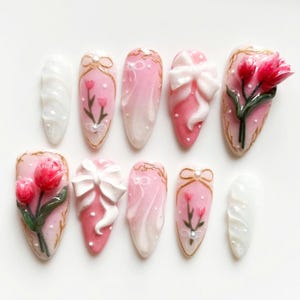 3D Tulip Flowers Nails, Almond Nail Set with Jelly Pastel Tulip, 3D FairyCore Flower Nail Art, Romantic Nail Art in Fake Nail for Spring.