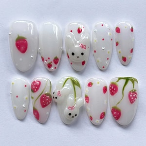 3D Miffy & Strawberry Press On Nails with White Nails adorned with Bunny, Cute Nails, Picnic Nails, Romantic Nails, Perfect Gift for Love.