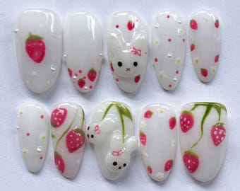 3D Miffy & Strawberry Press On Nails with White Nails adorned with Bunny, Cute Nails, Picnic Nails, Romantic Nails, Perfect Gift for Love.