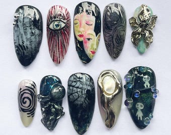 Unique Halloween Press On Nails, Creepy Horror Art Nails, Dark Aesthetic Fake Nails, Scary Witchy Nail Design, Clown Nails, Halloween Nails.
