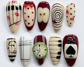 Whimsical Hand-painted Nail Art Set with Clocks, Music Notes, Apples, Unique Almond Nails for Holiday/Party, Custom Fake Acrylic Nails, Gift