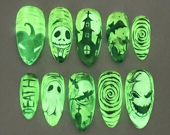 Glow in the Dark Halloween Press On Nails, Handmade Spooky Almond Nail Set with Ghosts, Bats & Jack Skellington, Night Party Nail Set, Gift.