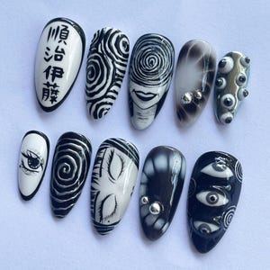 Halloween Press On, Horror Nail Art, Uzumaki Nails, Creepy Fake Nails, Scary Nail Design, Black White Nails, Gothic Press On, Handmade Nails, Anime Nail Art, Spooky Nail Set, Dark Anime Nails, Weird Nail Design, Horror Theme Nails, Cosplay Nails, Clown Nail Set, Holiday Nails, Party Nails