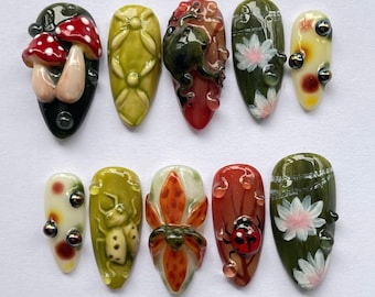 Handmade Forest Theme Press On Nails with Mushrooms, Flowers & Insects, 3D Nature Nail Art, Unique Woodland Style Nails, Gift for Women