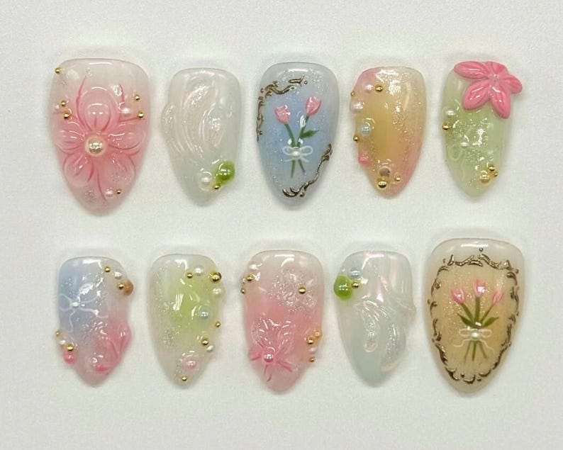 tulip nails, flowers nails, press on nails, fake nails, nails, short nails, blush nails, metal nails, y2k nails, floral nails, 3d gel nails, acrylic nails, false nails, almond nails