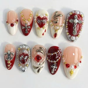 Handmade Almond Nail Set with Charm, 3D Heart, Cute Valentine Nails, French Tips Nails, Red Nails, Valentines day Press On, Unique Nail Art
