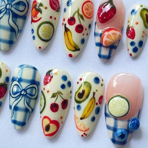 Fruit Press On Nails, Handmade Fake Nails, Summer Nail Art, Kawaii Nail Design, Colorful Nail Tips, Citrus Nail Art, Cute Fake Nails, Tropical Nail Set, Cherry Nail Design, Banana Nail Art, Lemon Fake Nails, Fun Summer Nails, Gift for Nail Lovers, Holiday Nails, Party Nails