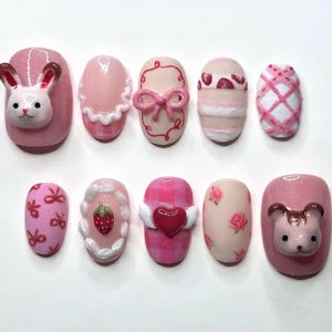 Celebrate Birthday Press On Nails with Pink Nails Adorned with Miffy, Cake, Bow, Cute Nails, Romantic Party Nails, Perfect Gift for Love.