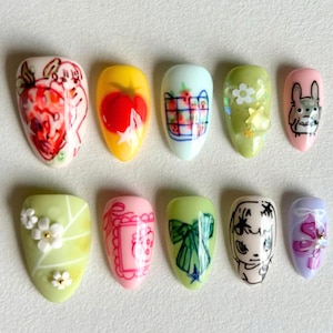 Totoro Press On Nails, Ghibli Nail Art, Cartoon Nails, Japanese Inspired Nails, Kawaii Nails, Fantasy Nails, Nara Nails, Anime Nail Art.
