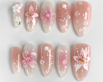 Elegant Pink Flower Press On Nails, Spring Fake Acrylic Nails, Reusable Nails, Almond Nail Set, Stunning Blossom Nail Art, Daily Nails, Gift