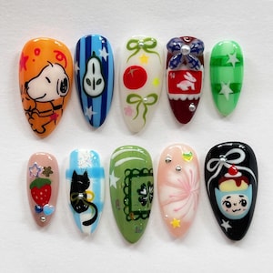 Whimsical Hand-painted Press On Nails, Almond Nails With Cute Characters, Dog, Cats, Anime Nails, Kawaii Nails, Cartoon Nails, Fantasy Nails