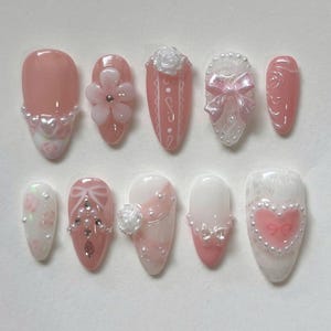 Almond Nail Set with Heart, Gems, Hand-painted Flower Press On Nails, Pink Valentine Fake Acrylic Nails, Bridal Nails, Valentine Nails.