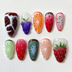 Hand-painted Vibrant Summer Press On Nails, Summer Almond Set Nail with Tropical Fruit, 3D Nail Art, Summer Nails, Floral Nail Designs, Gift